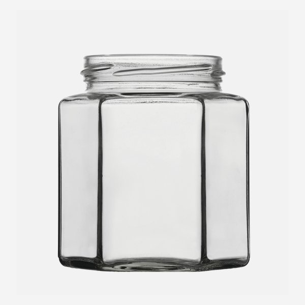 Hatszög üveg,390 ml,átlátszó,szájforma:TO70